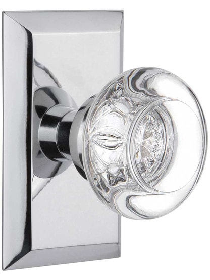 New York Rosette Door Set with Round Clear-Crystal Glass Knobs in Polished Chrome.